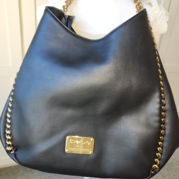Bebe Black Faux Leather Bag Purse Large Gold Chains Glam Edgy Maximalism Loud - Picture 4 of 16